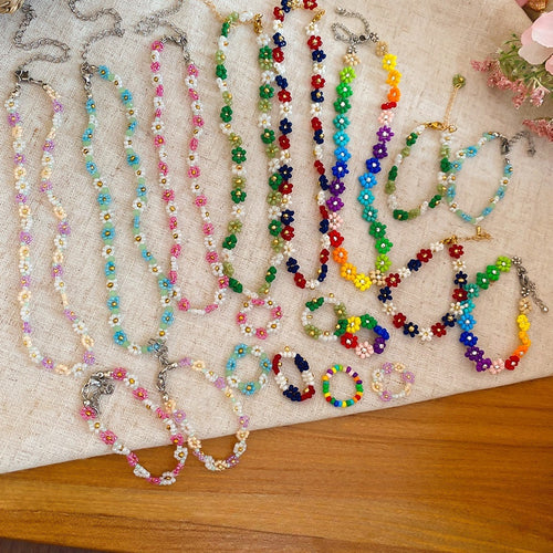 Dopamine Color Faux Crystal Beaded Flower Jewelry Set Fresh Forest Style Necklace Bracelet Ring