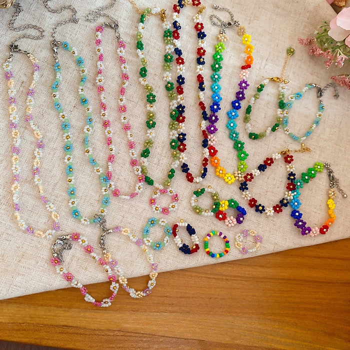 Dopamine Color Faux Crystal Beaded Flower Jewelry Set Fresh Forest Style Necklace Bracelet Ring