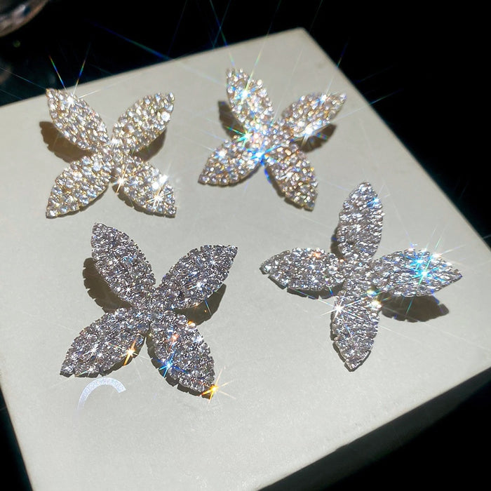 Copper Rhinestone Flower Stud Earrings Light Luxury Statement Floral Jewelry