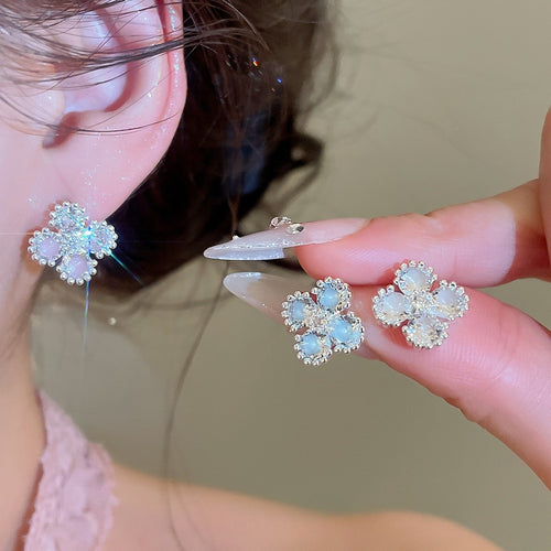 Elegant Copper Zircon Flower Rhombus Stud Earrings With Silver Posts, Dainty Luxury Style