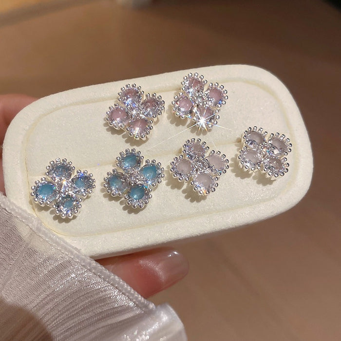 Elegant Copper Zircon Flower Rhombus Stud Earrings With Silver Posts, Dainty Luxury Style