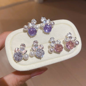 Copper Silver Needle Zircon Flower Pearl Stud Earrings For Women Sweet OL Fashion Jewelry