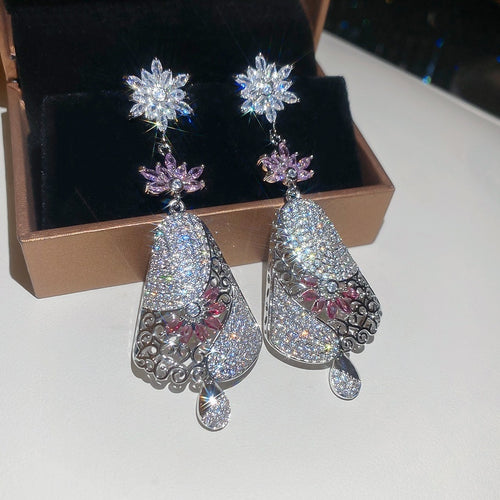 Vintage Copper Zircon Flower Teardrop Drop Earrings With Silver Needle Posts For Women
