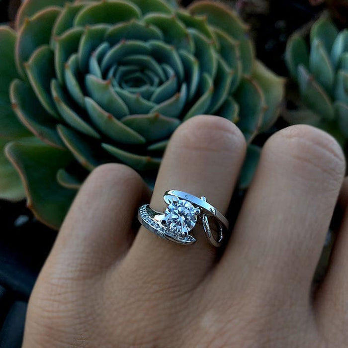 Silver Tone Round Clear Crystal Bypass Ring Fashion Jewelry