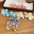 Sweet Chiffon Flower Faux Pearl Stud Earrings With Silver Pins For Beach Vacation Style view 3