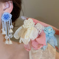 Sweet Chiffon Flower Faux Pearl Stud Earrings With Silver Pins For Beach Vacation Style view 2