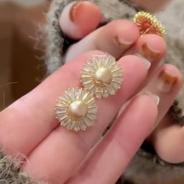 French Style Round Faux Pearl Zircon Stud Earrings With Silver Needle Light Luxury Elegant Jewelry