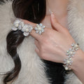 Luxury Floral Zircon Faux Pearl Bracelet Stud Earrings Ring Jewelry Set view 2