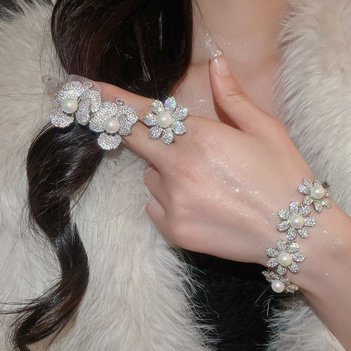 Luxury Floral Zircon Faux Pearl Bracelet Stud Earrings Ring Jewelry Set