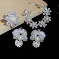 Luxury Floral Zircon Faux Pearl Bracelet Stud Earrings Ring Jewelry Set view 3