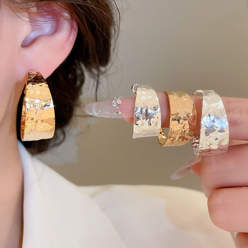 18K Gold Plated Copper Wrinkle Round Hoop Earrings With Silver Posts, Luxury European Style