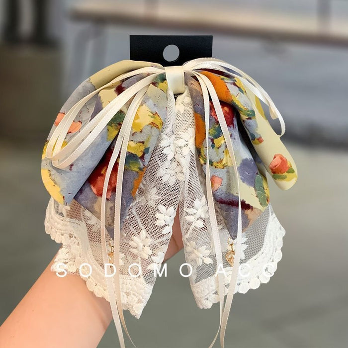 Oil Painting Lace Ribbon Bow Claw Clip For Ponytails