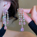 Light Luxury Copper Pink Zircon Flower Tassel Drop Earrings With Silver Posts view 4