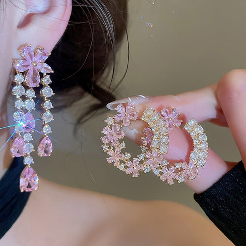 Light Luxury Copper Pink Zircon Flower Tassel Drop Earrings With Silver Posts