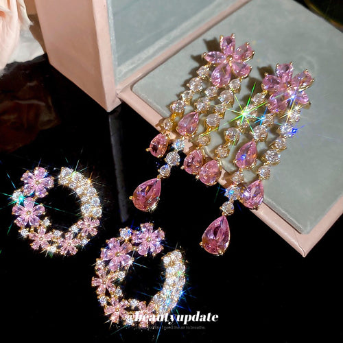 Light Luxury Copper Pink Zircon Flower Tassel Drop Earrings With Silver Posts
