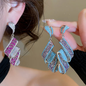Luxury Copper Zircon Geometric Pleated Stud Earrings For Bridal Banquet Statement Jewelry