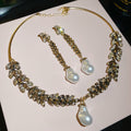 Silver Needle Rhinestone Wheat Tassel Faux Pearl Earrings Necklace Vintage Jewelry Set view 1