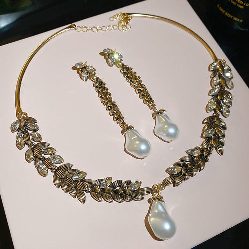 Silver Needle Rhinestone Wheat Tassel Faux Pearl Earrings Necklace Vintage Jewelry Set