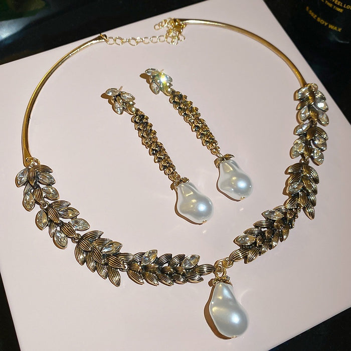 Silver Needle Rhinestone Wheat Tassel Faux Pearl Earrings Necklace Vintage Jewelry Set