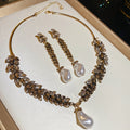Silver Needle Rhinestone Wheat Tassel Faux Pearl Earrings Necklace Vintage Jewelry Set view 3