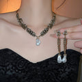 Silver Needle Rhinestone Wheat Tassel Faux Pearl Earrings Necklace Vintage Jewelry Set view 2