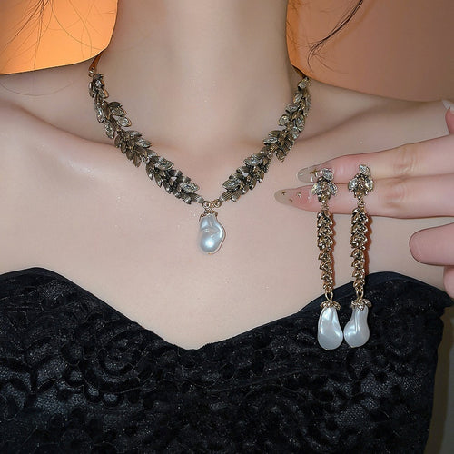Silver Needle Rhinestone Wheat Tassel Faux Pearl Earrings Necklace Vintage Jewelry Set