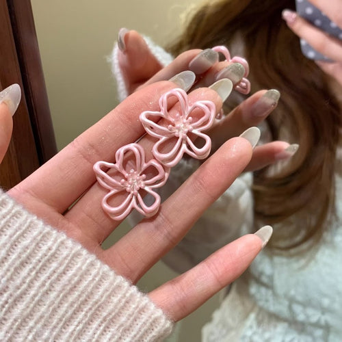 Sweet Pink Hollow Flower Alloy Stud Earrings For Women Light Luxury Floral Jewelry
