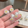Fresh Sweet Daisy Flower Faux Pearl Silver Needle Stud Earrings, Versatile Chic 2026 Jewelry view 1