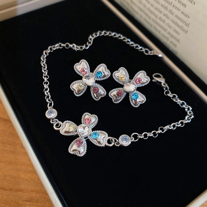 Light Luxury Rhinestone Cross Flower Bracelet Earrings Jewelry Set For Women