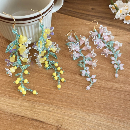 Peach Tea Summer Romantic Faux Crystal Flower Tassel Hook Earrings Beach Vacation Style