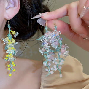 Peach Tea Summer Romantic Faux Crystal Flower Tassel Hook Earrings Beach Vacation Style