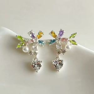 Copper Zircon Green Flower Asymmetric Stud Earrings Elegant Light Luxury Floral Jewelry