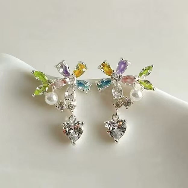 Copper Zircon Green Flower Asymmetric Stud Earrings Elegant Light Luxury Floral Jewelry