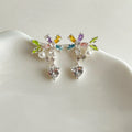 Copper Zircon Green Flower Asymmetric Stud Earrings Elegant Light Luxury Floral Jewelry view 3