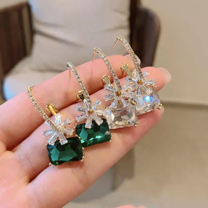 Light Luxury Copper Zircon Flower Square Hoop Earrings For Women Daily Minimalist Jewelry