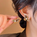 Faux Crystal Flower Pearl Stud Earrings With Silver Posts, Light Luxury Vintage Style view 1