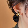 Faux Crystal Flower Pearl Stud Earrings With Silver Posts, Light Luxury Vintage Style view 3