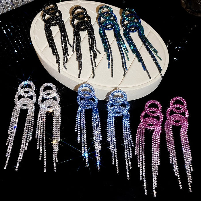Copper Silver Needle Sparkling Rhinestone Round Tassel Drop Earrings European Fashion