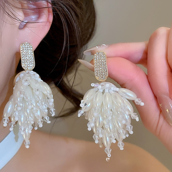 Rhinestone Tassel Faux Pearl Drop Earrings Geometric Vintage Light Luxury Stud Style