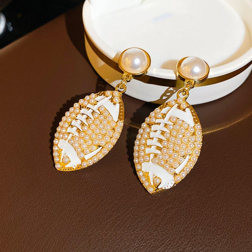 French Vintage Oval Faux Pearl Stud Earrings With Silver Needle Posts And Enamel Oil Drip Design