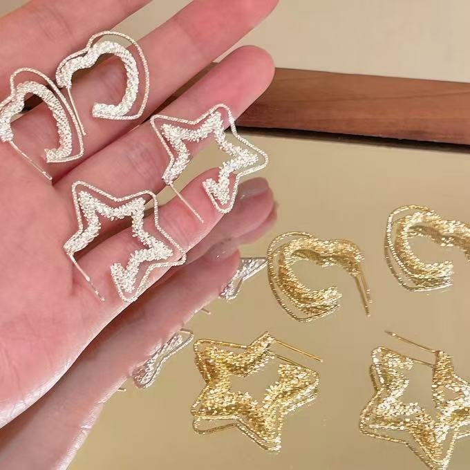 Copper Double Layer Crushed Silver Star Heart Stud Earrings For Women Light Luxury Versatile Style