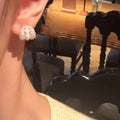 Korean Ballet Style Faux Pearl Stud Earrings With Zircon Hollow Oval Geometric Design view 2
