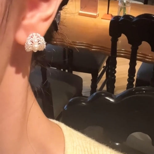 Korean Ballet Style Faux Pearl Stud Earrings With Zircon Hollow Oval Geometric Design