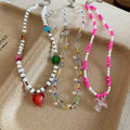 Bohemian Faux Pearl Crystal Beaded Heart Pendant Necklace For Beach Vacation Women view 2
