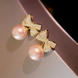 French Elegant Zircon Bow Faux Pearl Stud Earrings, Minimalist Light Luxury Modern Jewelry
