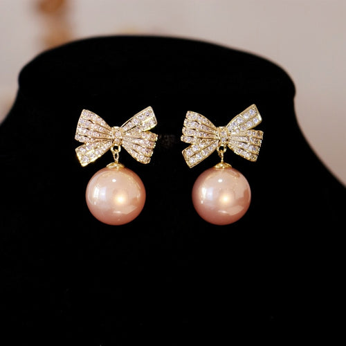 French Elegant Zircon Bow Faux Pearl Stud Earrings, Minimalist Light Luxury Modern Jewelry
