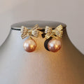 French Elegant Zircon Bow Faux Pearl Stud Earrings, Minimalist Light Luxury Modern Jewelry view 3