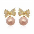 French Elegant Zircon Bow Faux Pearl Stud Earrings, Minimalist Light Luxury Modern Jewelry view 5