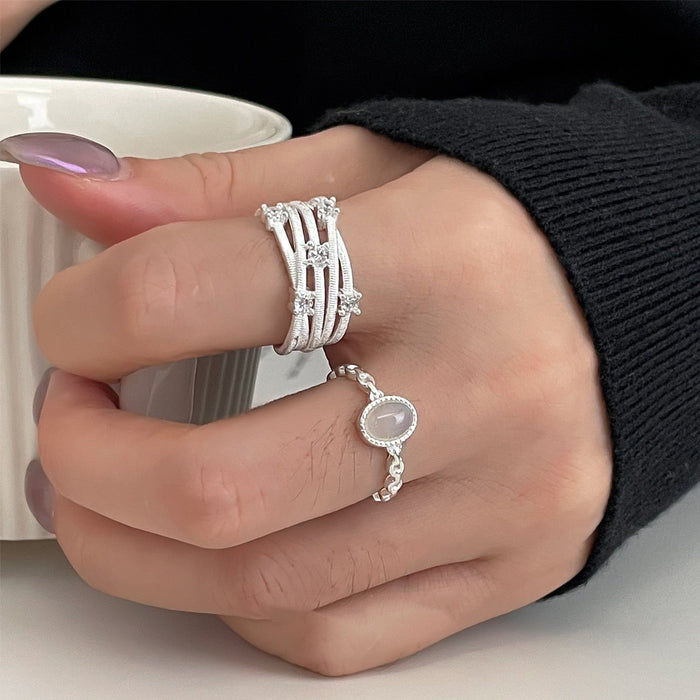 2026 New Copper Multi Layer Threaded Zircon Open Ring For Women Light Luxury Geometric Design