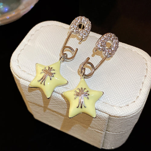 Korean Sweet Cool Copper Star Cross Enamel Stud Earrings For Women